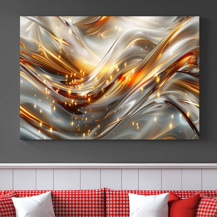 The Elegant Modern Gold Abstract Wall Art - Premium Framed Canvas Print for Home & Office Decor showcases a captivating triptych with swirling metallic designs and golden sparkles, perfectly enhancing contemporary interiors.