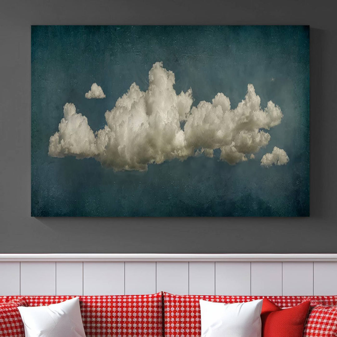 The Vintage Green Clouds Wall Art Canvas Print, set against a teal backdrop, showcases breathtaking canvas artwork with a gallery-quality finish.