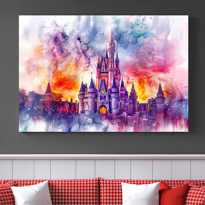 A vibrant piece of wall art depicting the Cinderella Castle from Disneyland, presented as a watercolor painting on premium canvas, is displayed.