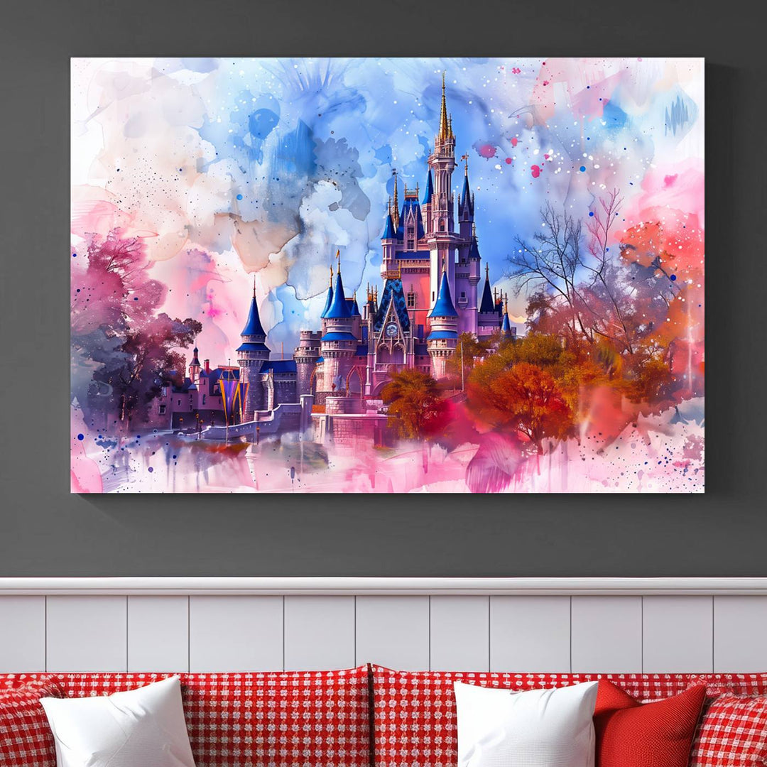 The Disney Wall Art: Dreamy Watercolor Cinderella Castle Canvas Print features a fairy-tale castle with vibrant pink, blue, and purple hues. Expertly handmade in the USA, this premium canvas wall art adds a touch of enchantment to any room.