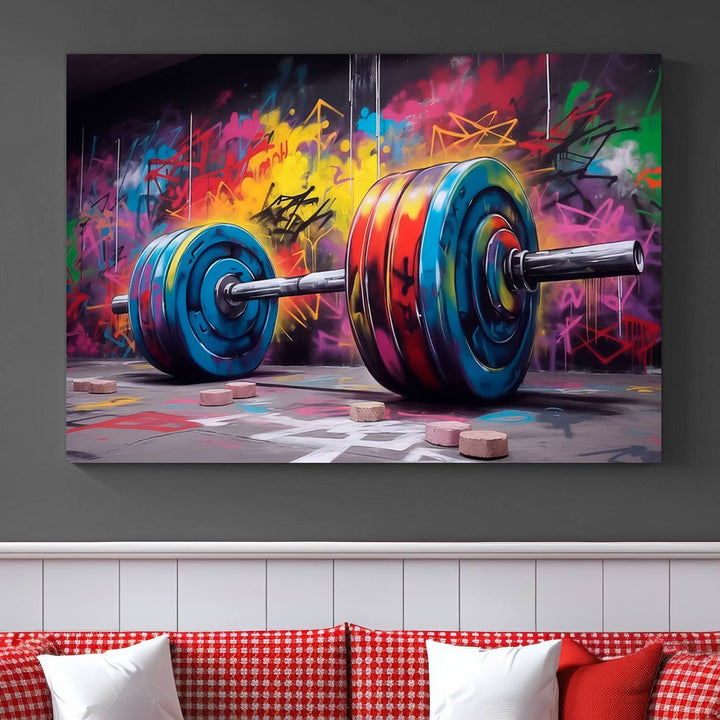 Colorful Graffiti Barbell Canvas Wall Art – Urban Fitness Meets Bold Street Art – Ready to Hang