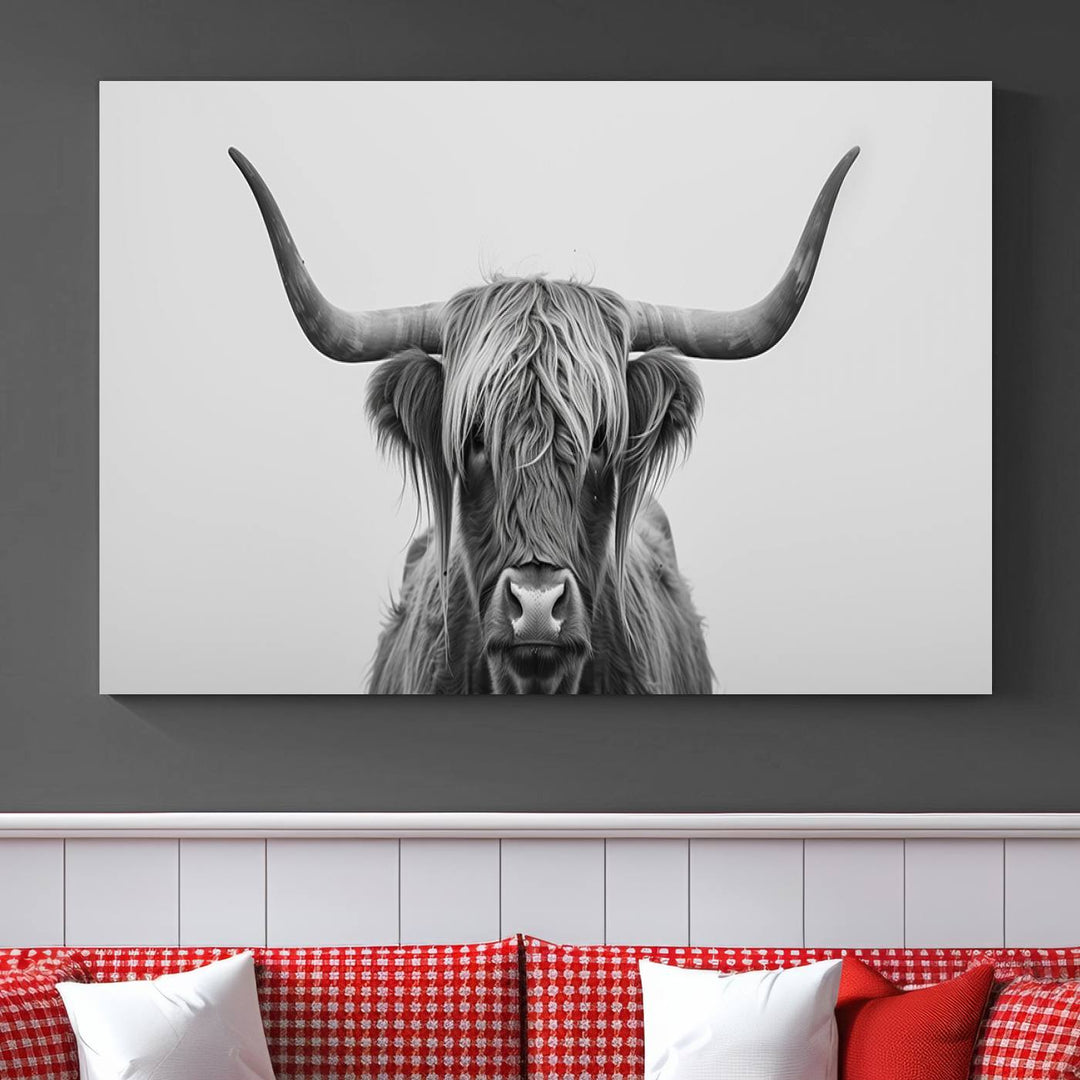 A triptych titled "Farmhouse Longhorn Wall Art Canvas Print, Longhorn Texas Wall Art Canvas Print," rendered in a gallery-quality finish, hangs prominently on the wall.