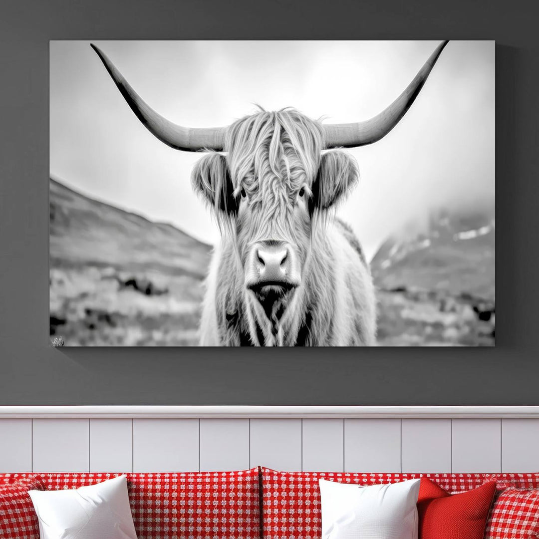 A "Scottish Cow Wall Art Canvas Print" with a gallery-quality finish hangs prominently.