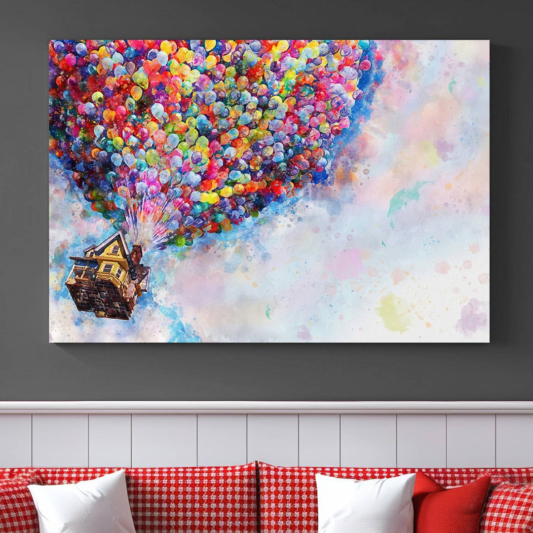 The "Watercolor Cartoon Movie Balloons Canvas Print" is showcased, depicting a whimsical house being lifted by colorful balloons. This triptych wall art is crafted on museum-quality canvases with a UV-protective coating to maintain its vibrant colors, making it ready to hang in any room.