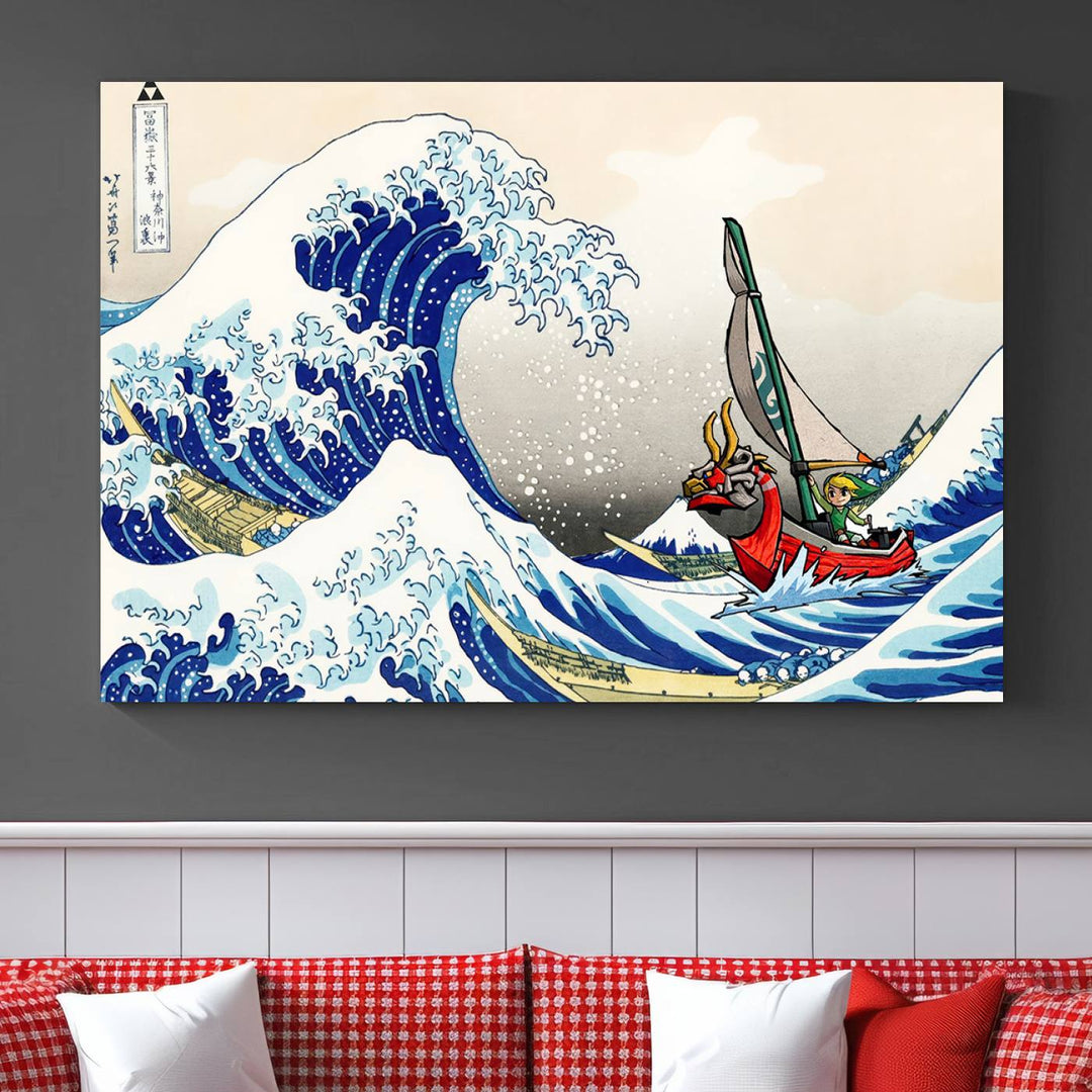 The Katsushika Hokusai Kanagawa Giant Wave Wall Art Canvas Print, featuring iconic Japanese art, brings a touch of modern artistry to the living room.