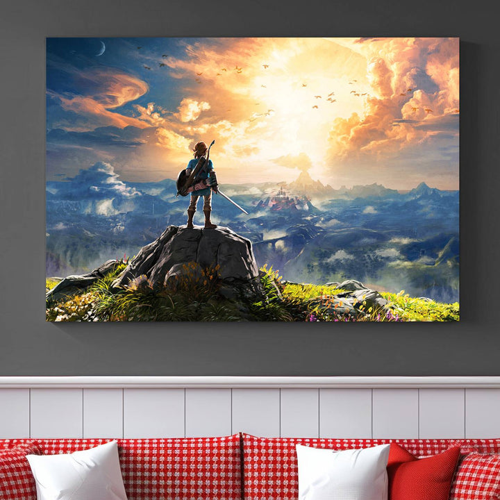 The Legend of Zelda Breath of the Wild Game Wall Art Canvas Print showcases a fantasy landscape with a character on a cliff, all rendered in gallery-quality finish on premium canvas.