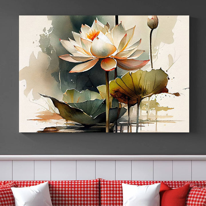 The Lotus Flower Watercolor Canvas Print, a contemporary wall art piece symbolizing serenity and growth with its soft watercolors, adorns the wall.