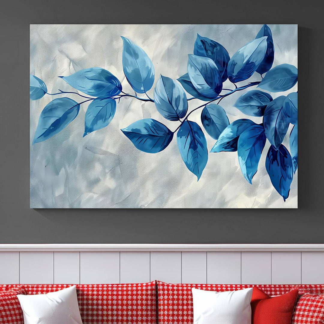 A Blue Leaf Abstract Wall Art Canvas Print, featuring a textured background and gallery-quality finish, is displayed.