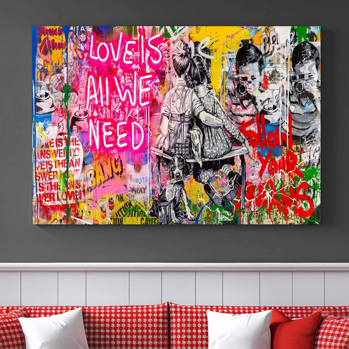 A vivid display of the "Follow Your Dreams & Love is All We Need" graffiti street art energizes a modern room with its three-panel arrangement. This bold giclee canvas print infuses any contemporary space with dynamic flair.