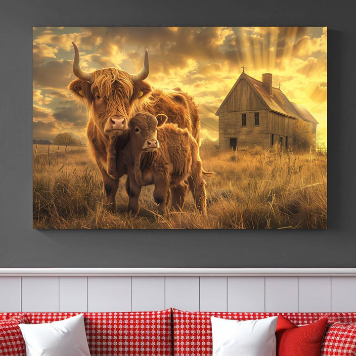 The room features the Barn and Highland Cow Canvas Wall Art Animal Print, a three-panel canvas depicting cows in a sunset field with a rustic barn backdrop. This handmade piece brings charm and character with its gallery-quality finish.