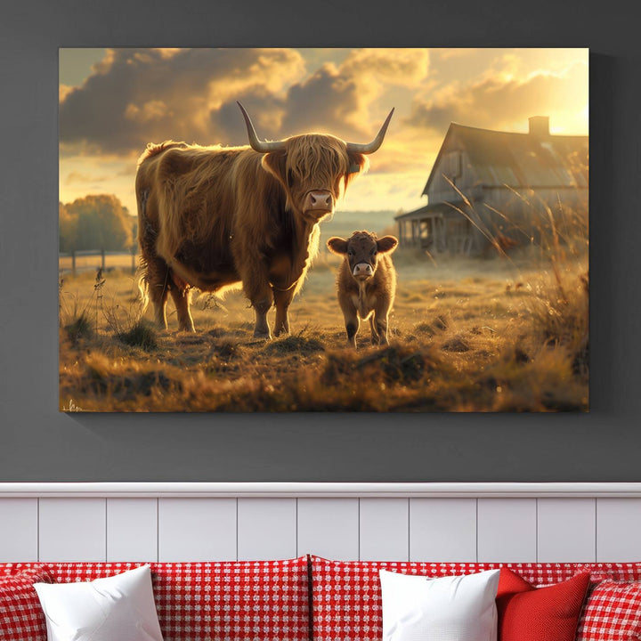 The "Highland Baby Cow Canvas Wall Art Animal Print" triptych art piece showcases a cow and calf in a sunlit field with a barn in the background.