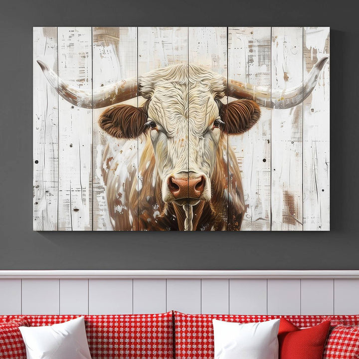 The dimly lit room is enhanced with Western charm by the Rustic Longhorn Bull Wall Art Canvas Set—Western-Inspired Farmhouse Décor, elegantly displayed on the wall.