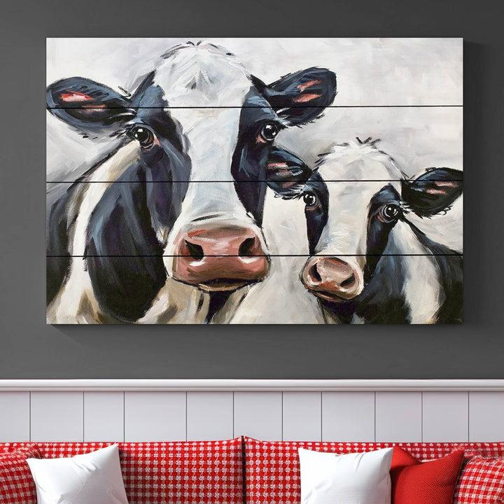 The Vintage Baby and Mom Cattle Wall Art Canvas Print is prominently displayed, adding a touch of contemporary and farmhouse decor to the modern living room.