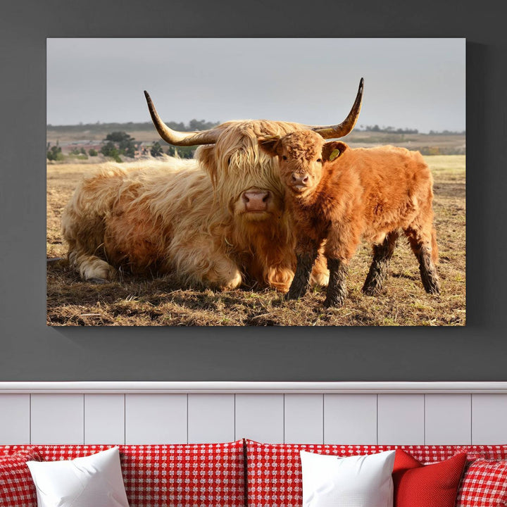 The three-panel canvas artwork, titled "Highland Cow Canvas Wall Art Animal Print for Farm House Decor," features a serene scene of a resting Highland cow and calf in a field. The piece highlights its gallery-quality finish.