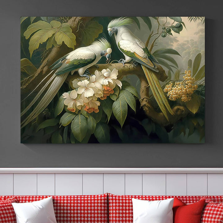 Crafted in the USA, this Tropical Paradise Print wall art features a stunning parrot amidst a lush forest and beautiful flowers.