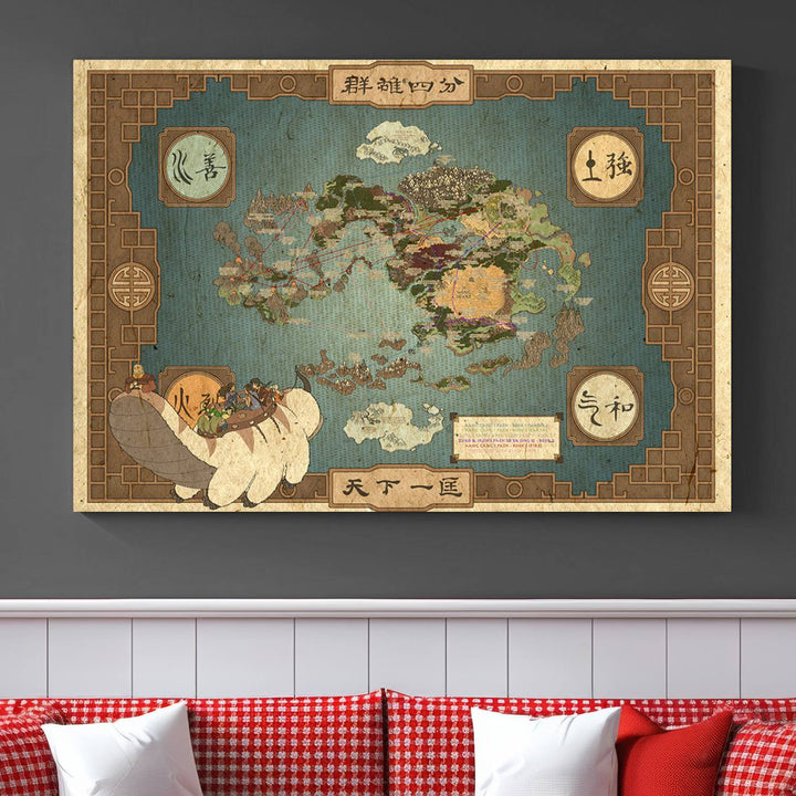 Hanging above is the Avatar: The Last Airbender Vintage Map - Wall Art Canvas Print, framed and ready to hang, showcasing an enchanting glimpse into the iconic four nations design.