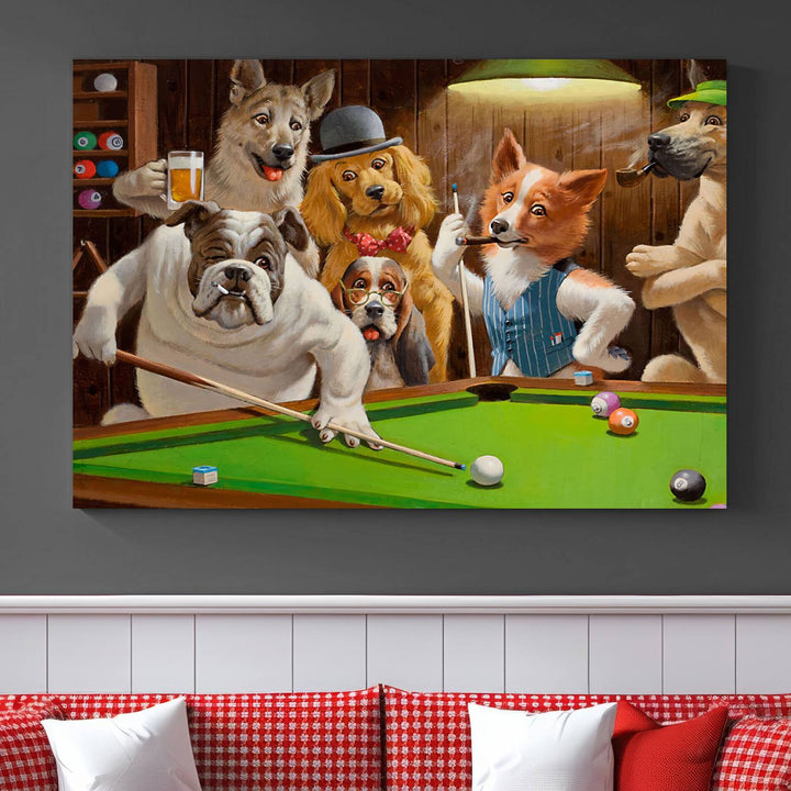 The "Dogs Playing Pool Canvas Wall Art" features a whimsical scene of dogs dressed as humans playing pool in a bar, presented as a three-panel display with a gallery-quality finish.