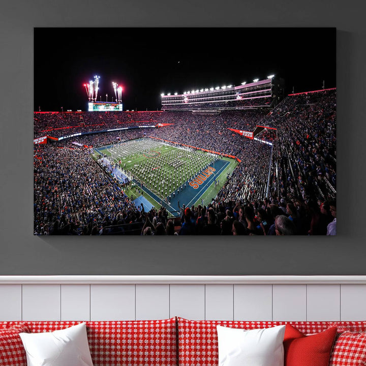 Ben Hill Griffin Stadium Night Game Triple Canvas Wall Art - Florida Gators Football Match