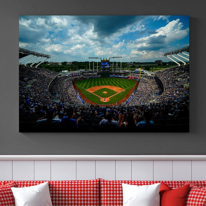 Kauffman Stadium Day Game Triple Canvas Wall Art - Kansas City Royals MLB Match