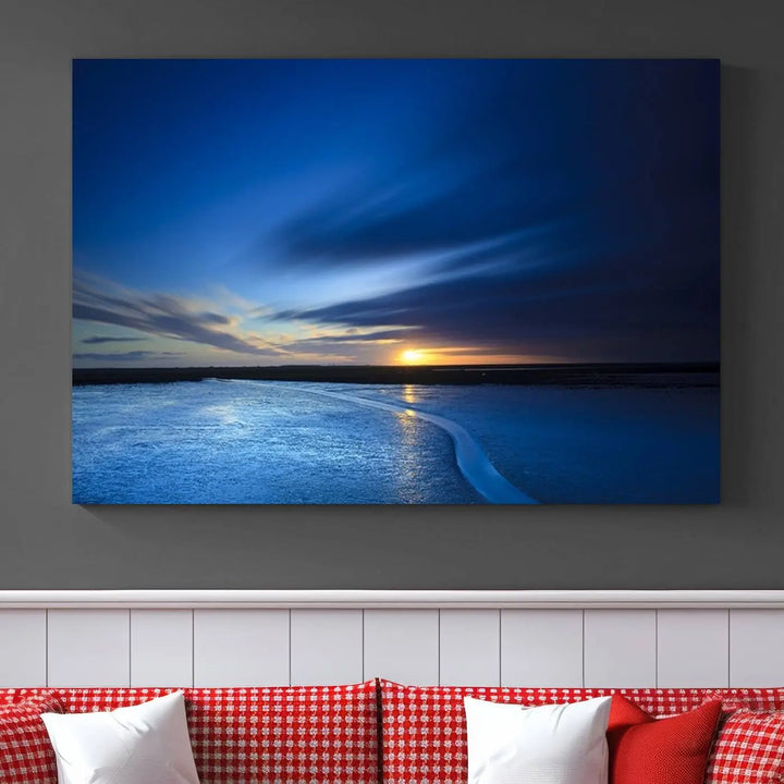 The living room features a triptych of the Wall Art Canvas Print Navy Sunset Lake Landscape Artwork, adding to its tranquil vibe.