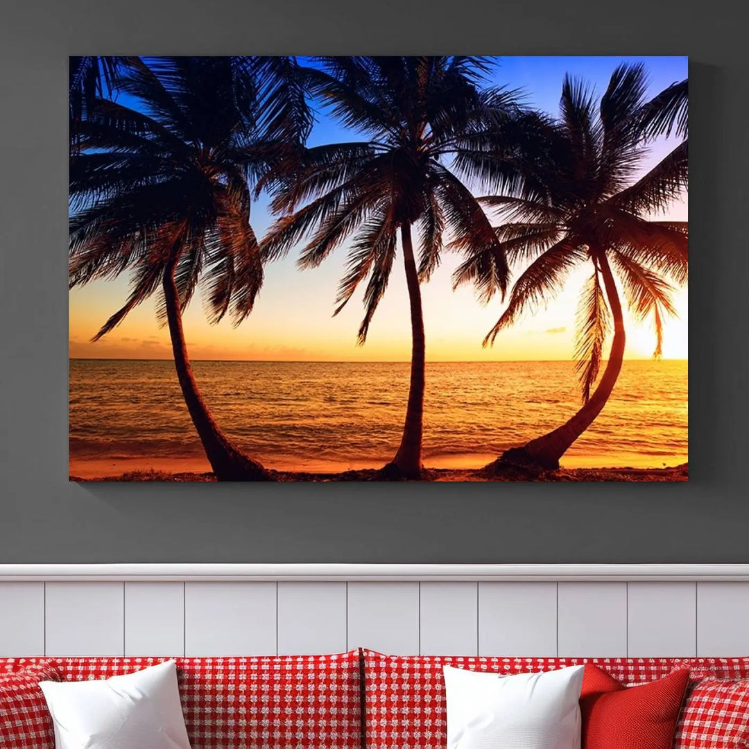 The living room features a wall adorned with the "Wall Art Canvas Curve Palms at Sunset on Beach," showcasing gallery-wrapped, museum-quality canvases in a stunning triptych.