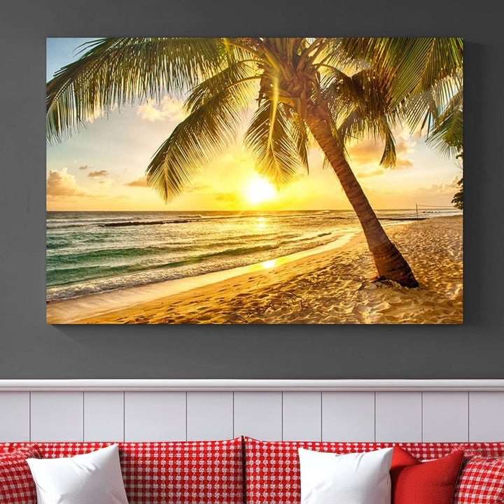 Wall Art Canvas Print Palm on Beach at Bright Sunset