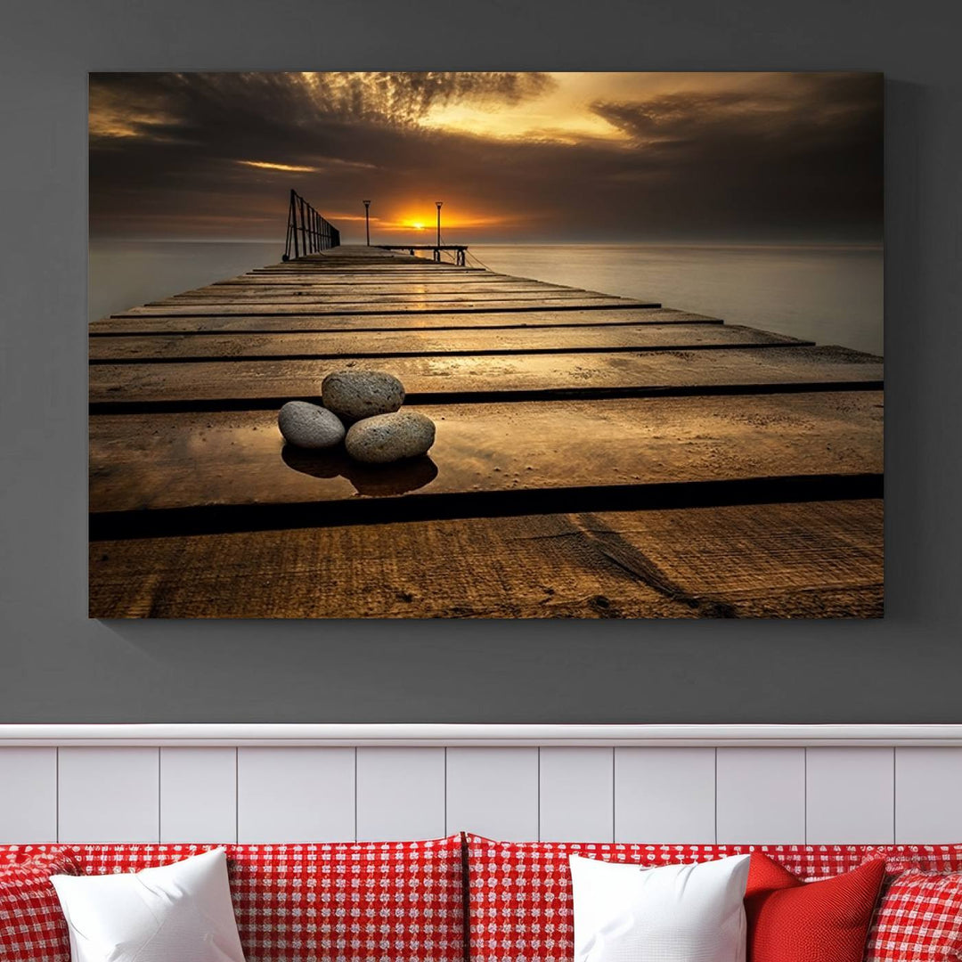 Stones on Wooden Pier at Sunset Wall Art Canvas