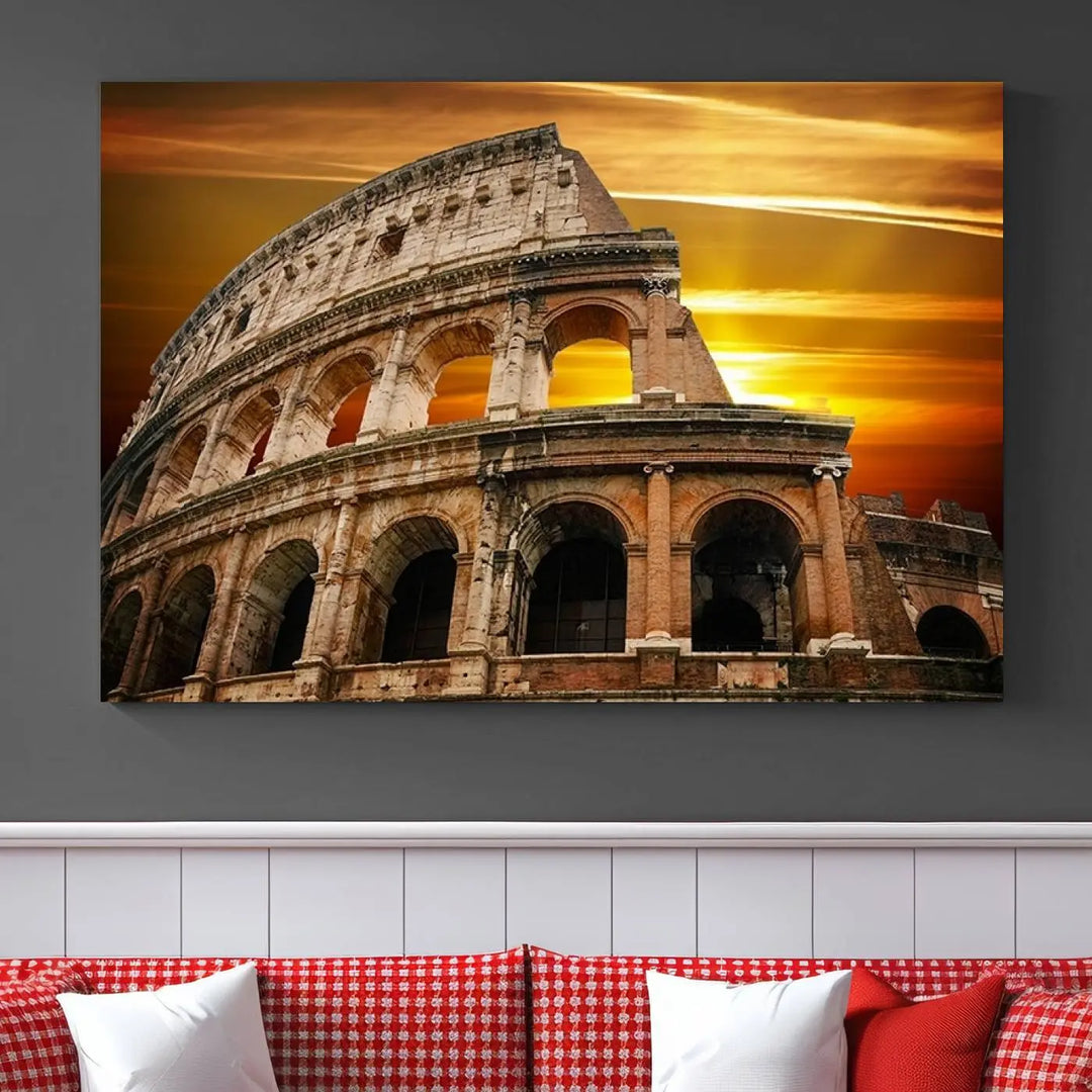 A three-panel canvas titled "Colosseum with Yellow Sunset Behind, Italy," protected with a UV-coating, is elegantly displayed.