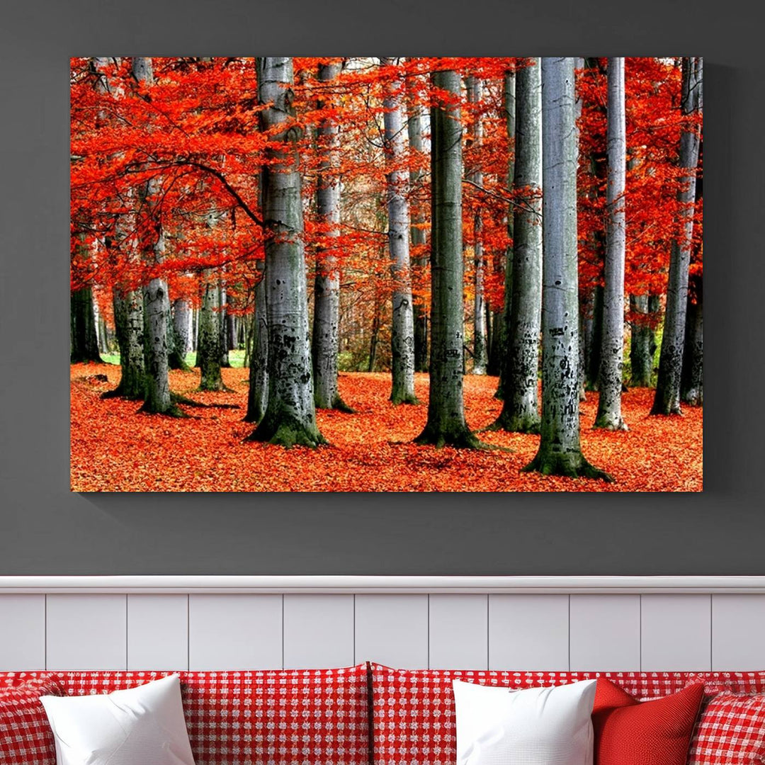 Impression sur toile de paysage d'art mural, feuilles rouges sur des arbres sur fond rouge