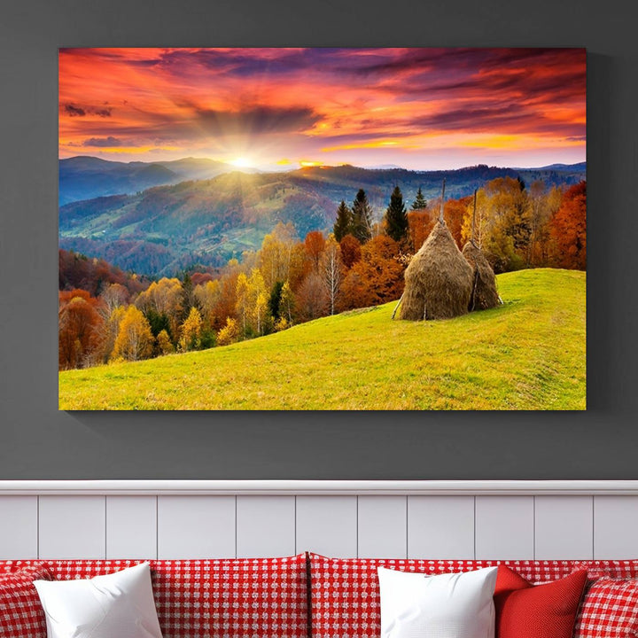 Impression sur toile de paysage d'art mural, tous les tons de vert au coucher du soleil