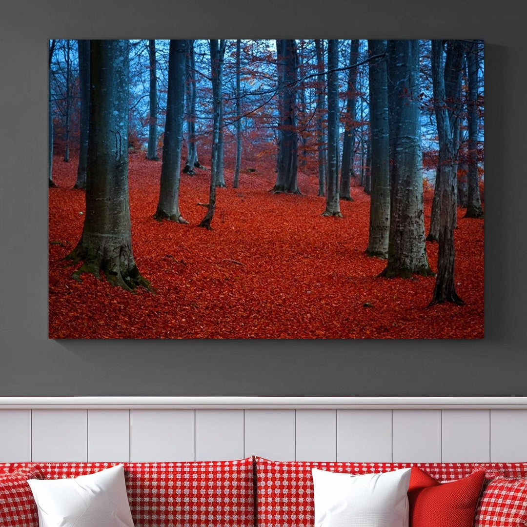 Wall Art Landscape Canvas Print Red Leaves in Blue Forest