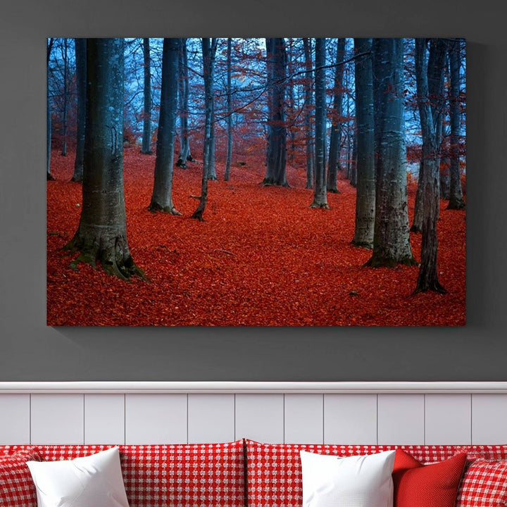 Impression sur toile de paysage d'art mural, feuilles rouges dans la forêt bleue