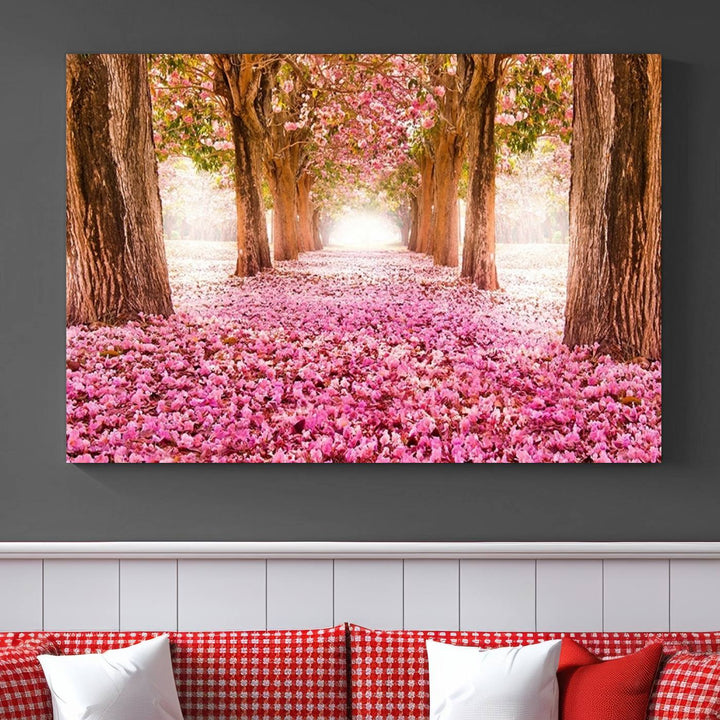 Blossom Cherry Canvas Print Walking on Pink Flowers Between Trees