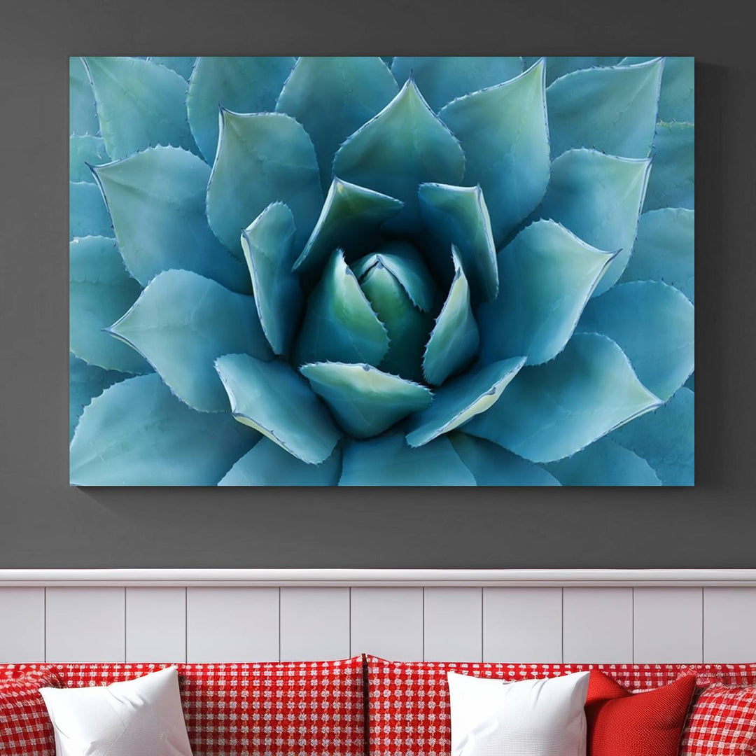 A stunning Large Agave Succulent Canvas Wall Art, a botanical close-up print perfect for modern living rooms, hangs prominently.