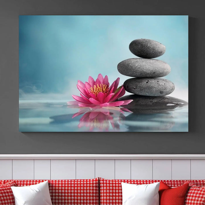 The Zen Serenity Triptych Canvas Art, featuring a lotus flower and balancing stones, perfectly captures tranquility with its serene water lily print.