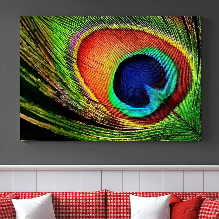 The living room features the "Colorful Peacock Feather Wall Art Print," showcasing a vibrant green, blue, and orange design elegantly displayed above a modern sofa.