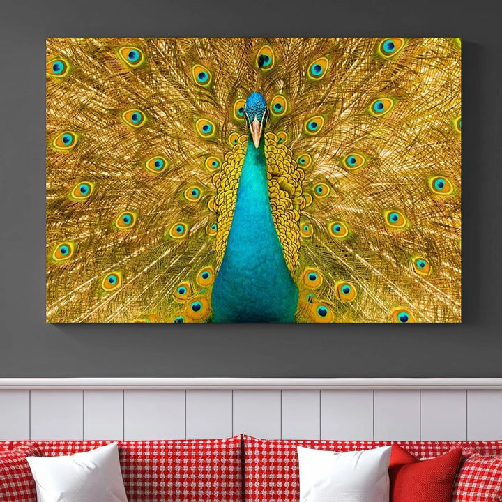 The Peacock Wall Art Canvas Print, featuring a vibrant triptych design of a peacock with intricate feather details and printed on museum-quality canvas with UV-protective coating, brings an artistic flair to the elegant space. Ready to hang, it enhances the modern living room with its striking presence.