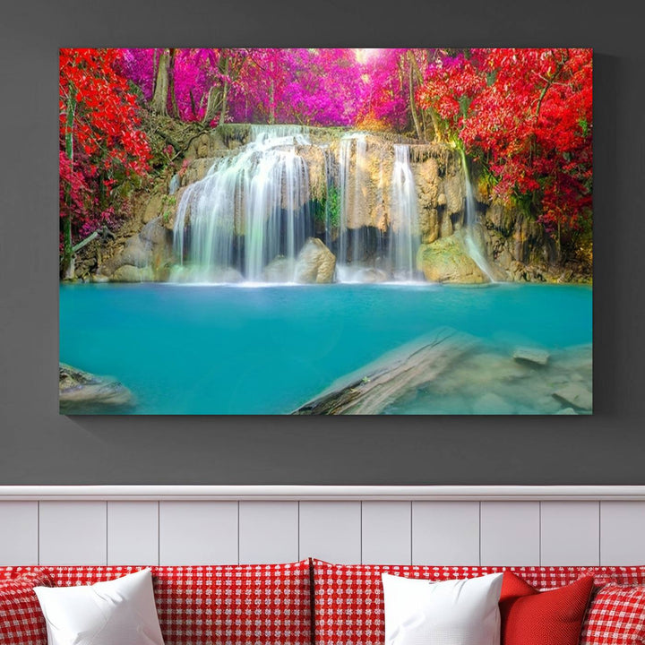 Wall Art Waterfall Landscape with Pink and Red Flowers in Forest Canvas Print