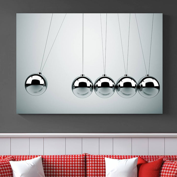 Newton's Cradle Motion Art, Modern Minimalist Metal Sphere Wall Art, Physics-Inspired Kinetic Energy Canvas Print for Office and Home Decor