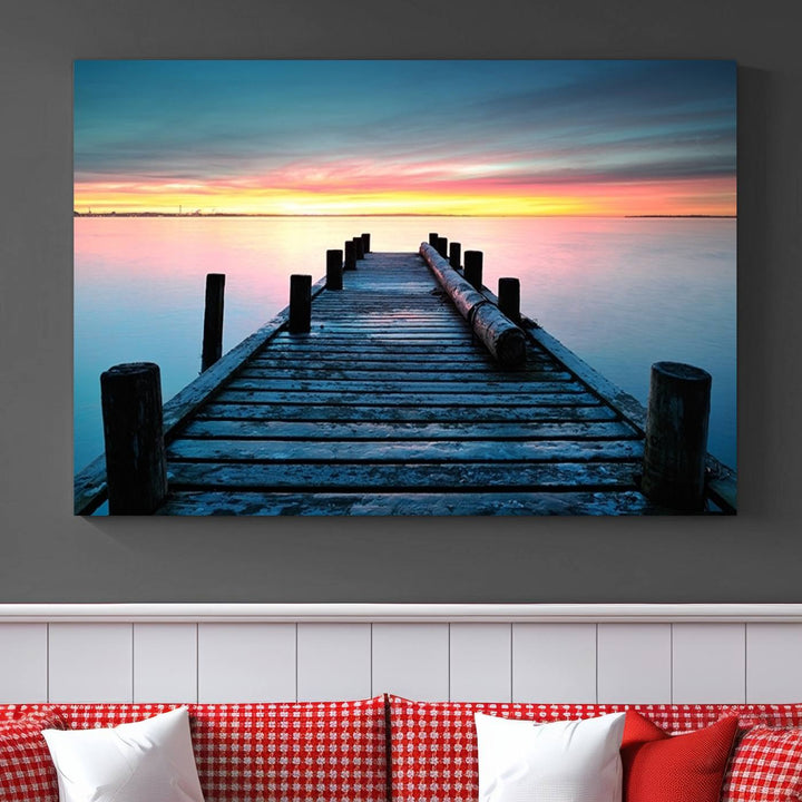 Wall Art Vintage Wooden Pier on Sea at Sunset Canvas Print