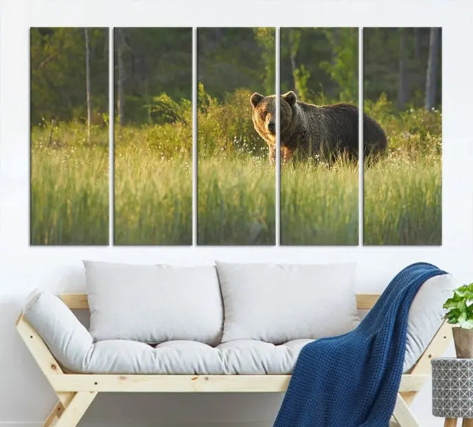 A museum-quality triptych wall art, titled "Wild Bears in Nature Canvas Print," elegantly decorates the living room.