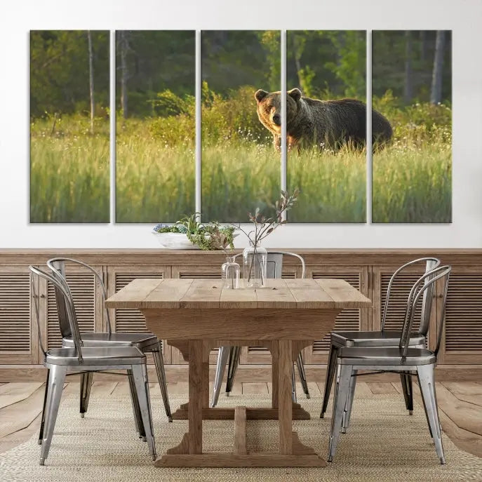 A museum-quality triptych wall art, titled "Wild Bears in Nature Canvas Print," elegantly decorates the living room.