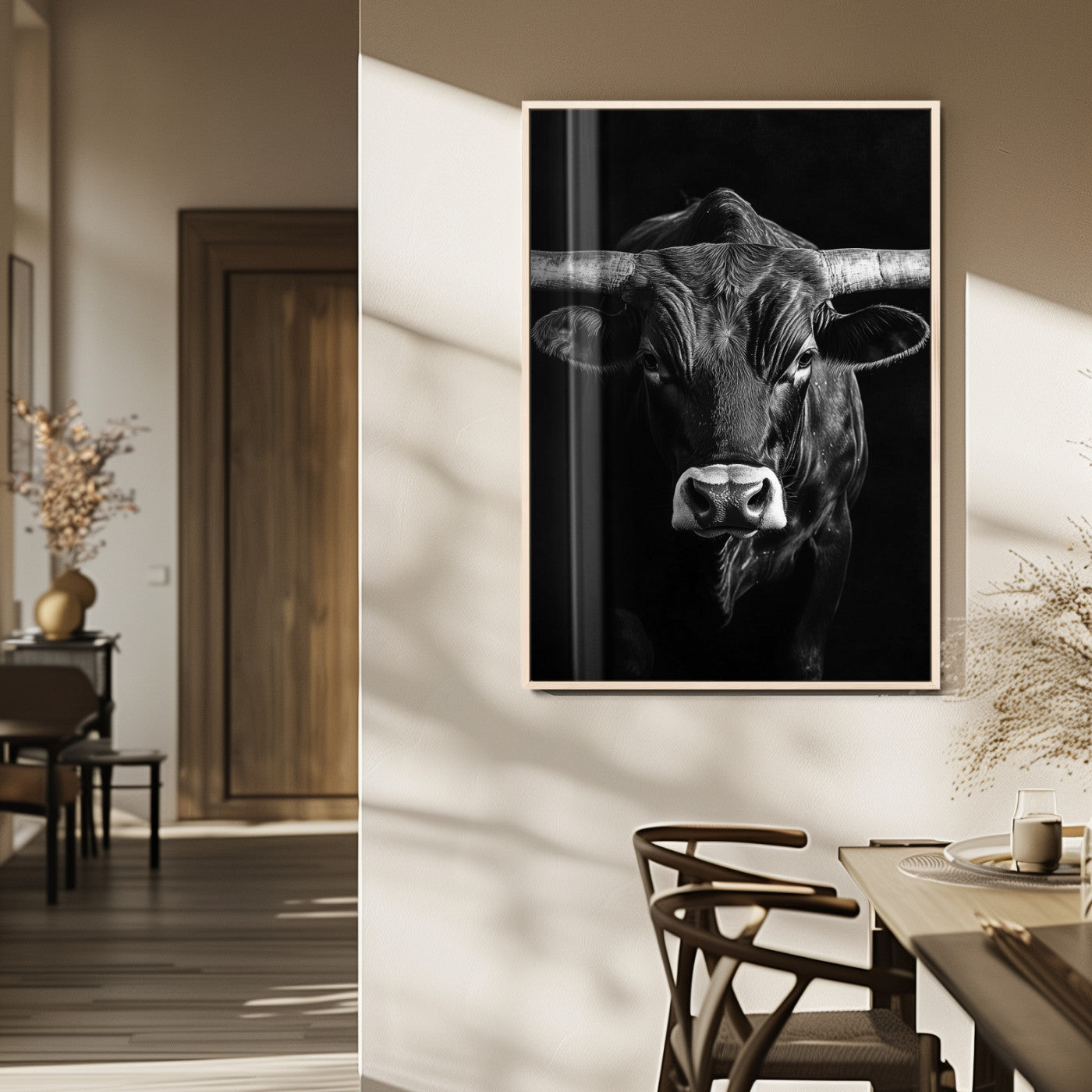 MGV-FP-48X32-3P - Texas Longhorn Wall Art Canvas Print, Framed Monochrome Bull Art Picture Print, Horned Bull Perfect Minimalist Western Decor Artwork
