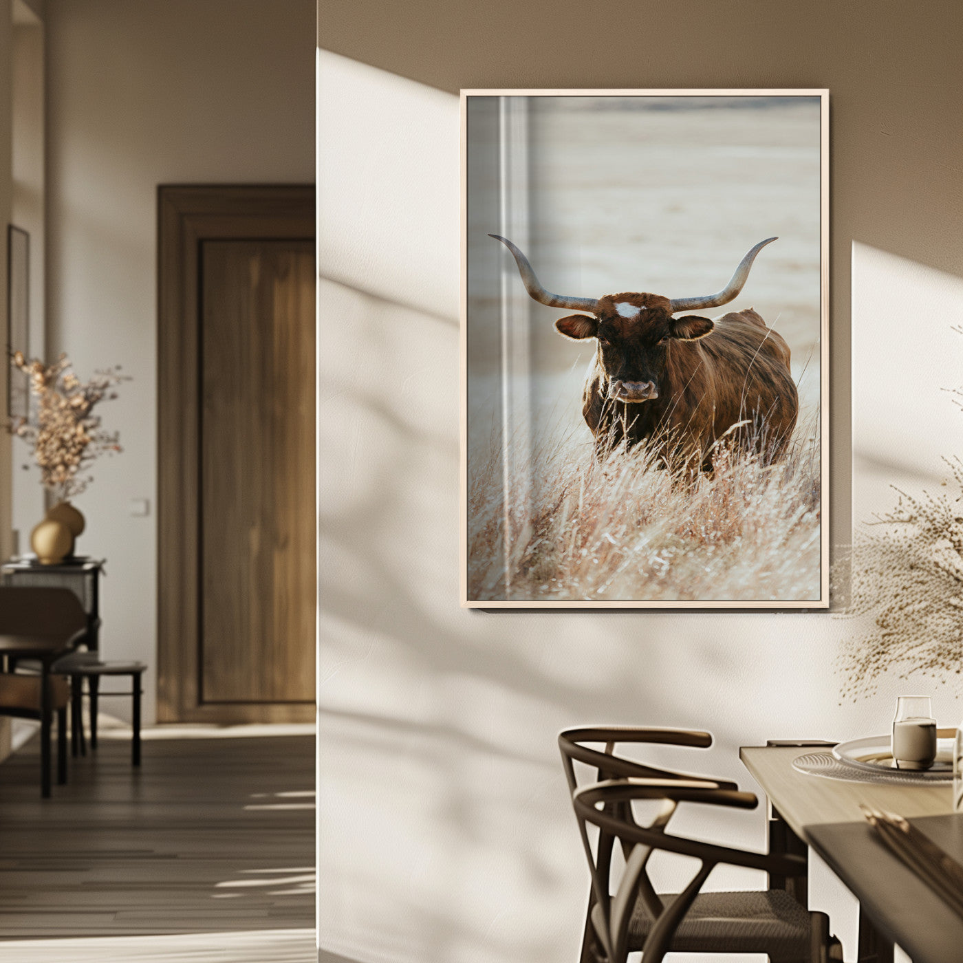 MGV-FP-48X32-3P - Texas Longhorn Wall Art Canvas Print, Framed Brown Cattle Art Picture Print, Horned Bull Perfect Rustic Western Decor Artwork