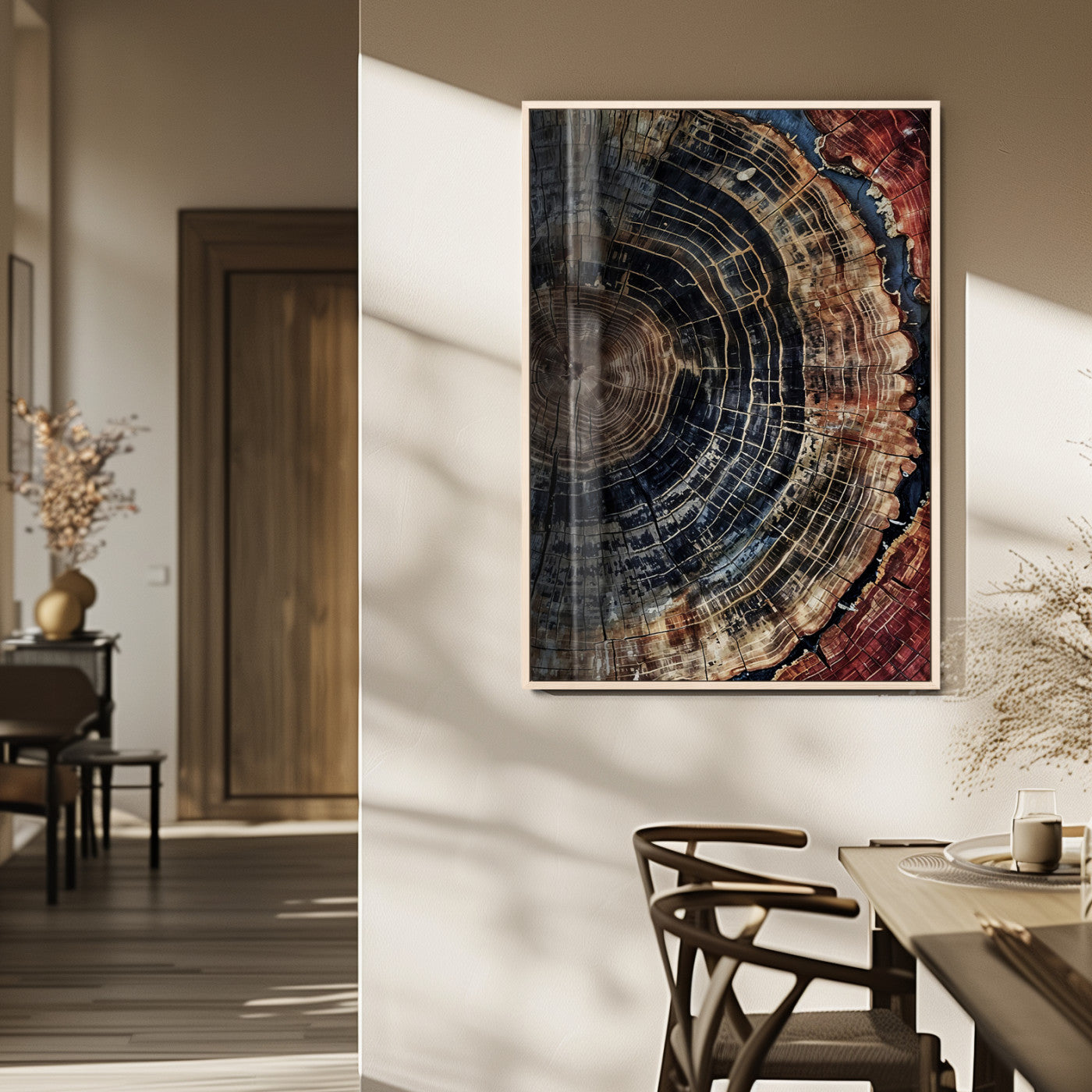 MGV-FP-48X32-3P - Tree Rings Wall Art Canvas Print, Framed Wood Grain Art Picture Print, Rustic Texture Perfect Rustic Nature Decor Artwork