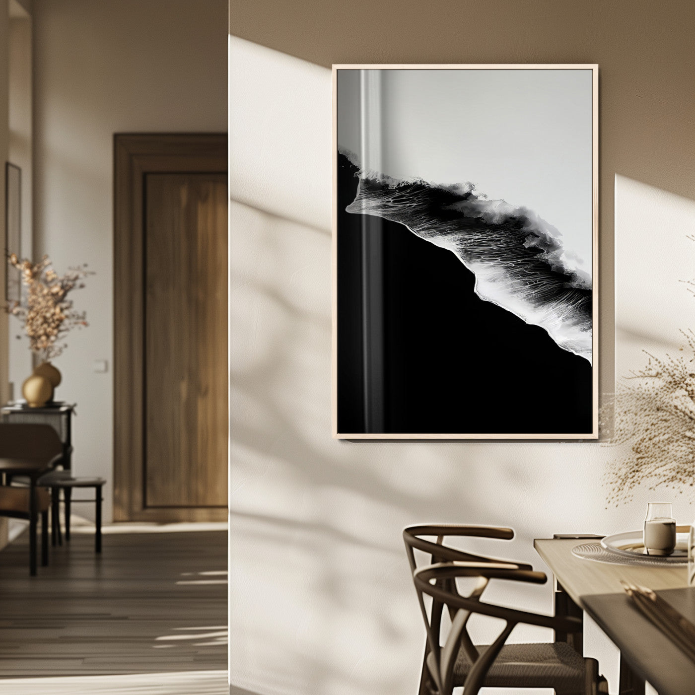 MGV-FP-48X32-3P - Ocean Wave Wall Art Canvas Print, Framed Abstract Wave Art Picture Print, Monochrome Sea Perfect Modern Minimal Decor Artwork