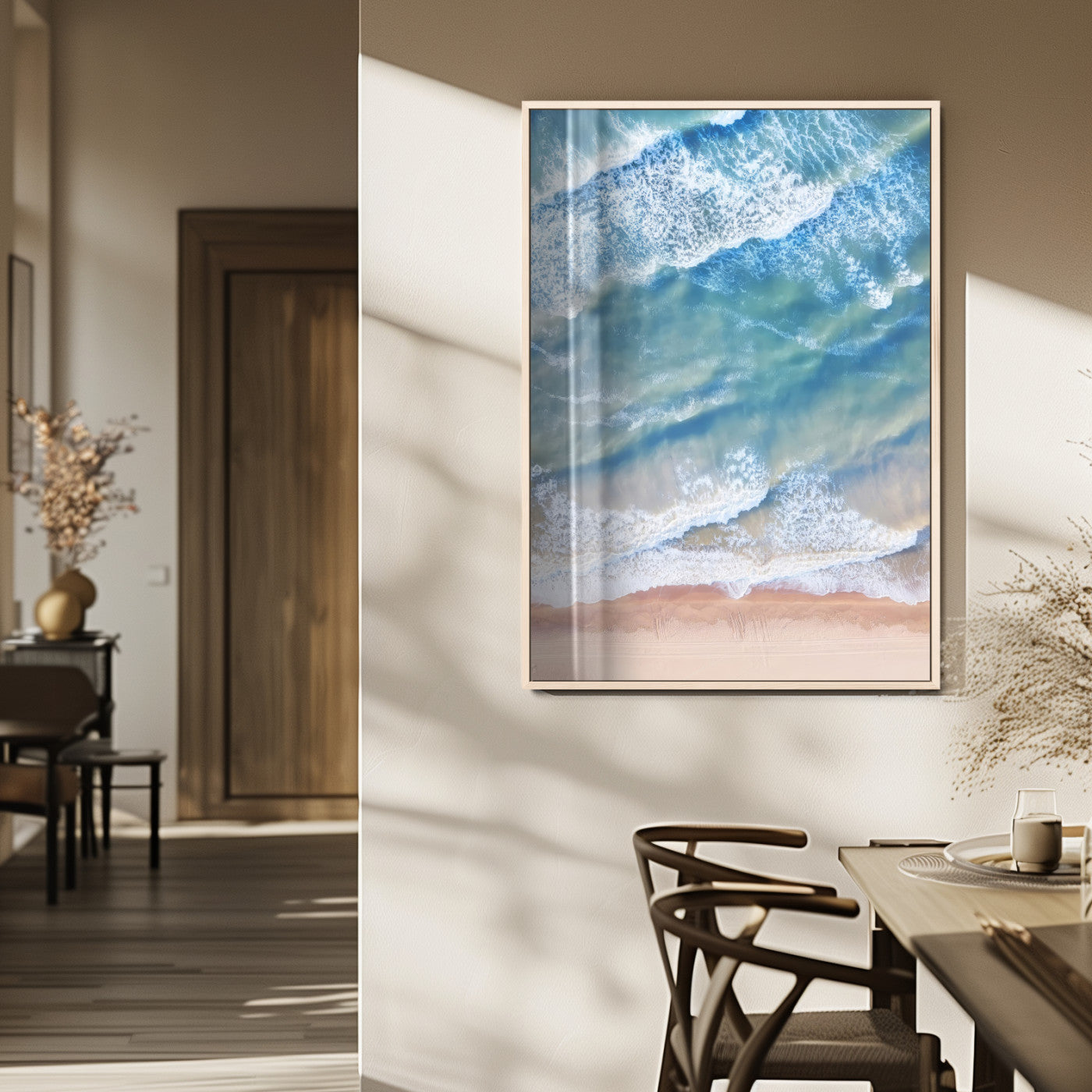 MGV-FP-48X32-3P - Aerial Ocean View Wall Art Canvas Print, Framed Soft Blue Waves Art Picture Print, Sandy Shoreline Perfect Modern Coastal Decor Artwork