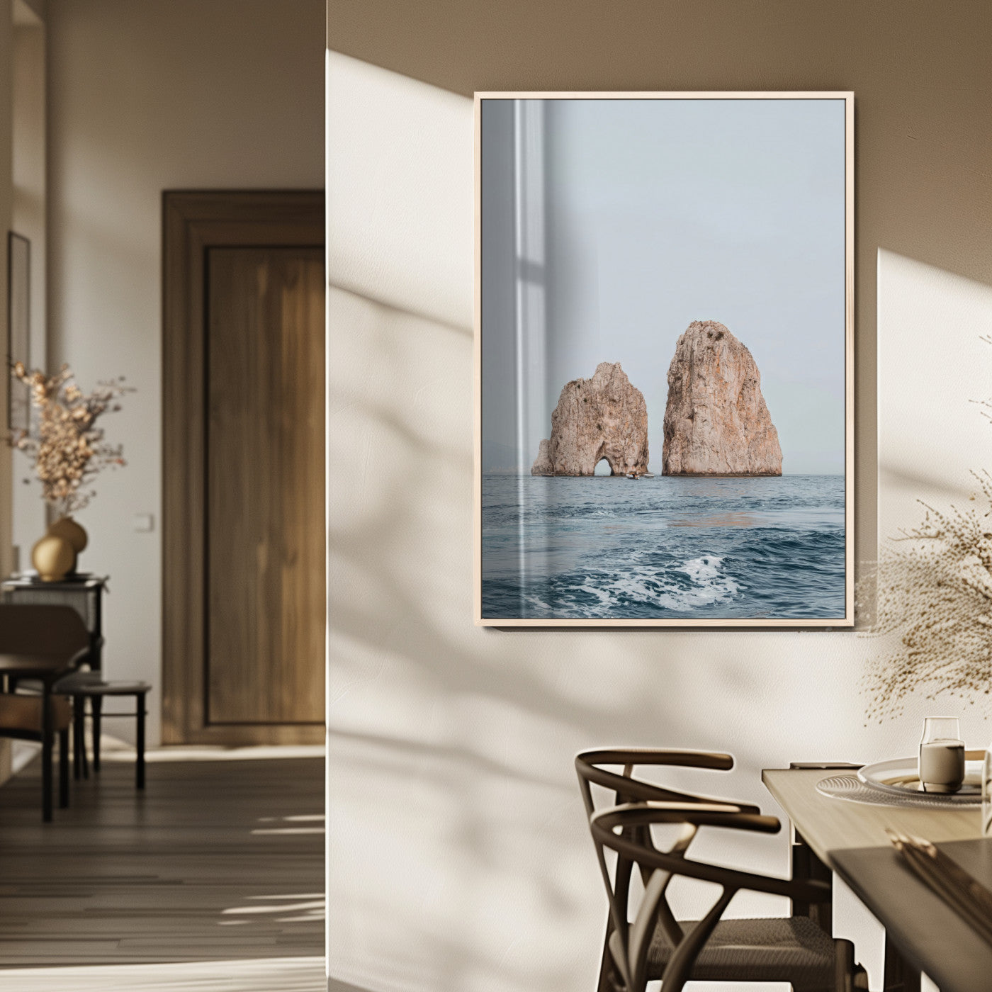 MGV-FP-48X32-3P - Faraglioni Capri Wall Art Canvas Print, Framed Serene Ocean Art Picture Print, Mediterranean Coastal View Perfect Mediterranean Minimalist Decor Artwork
