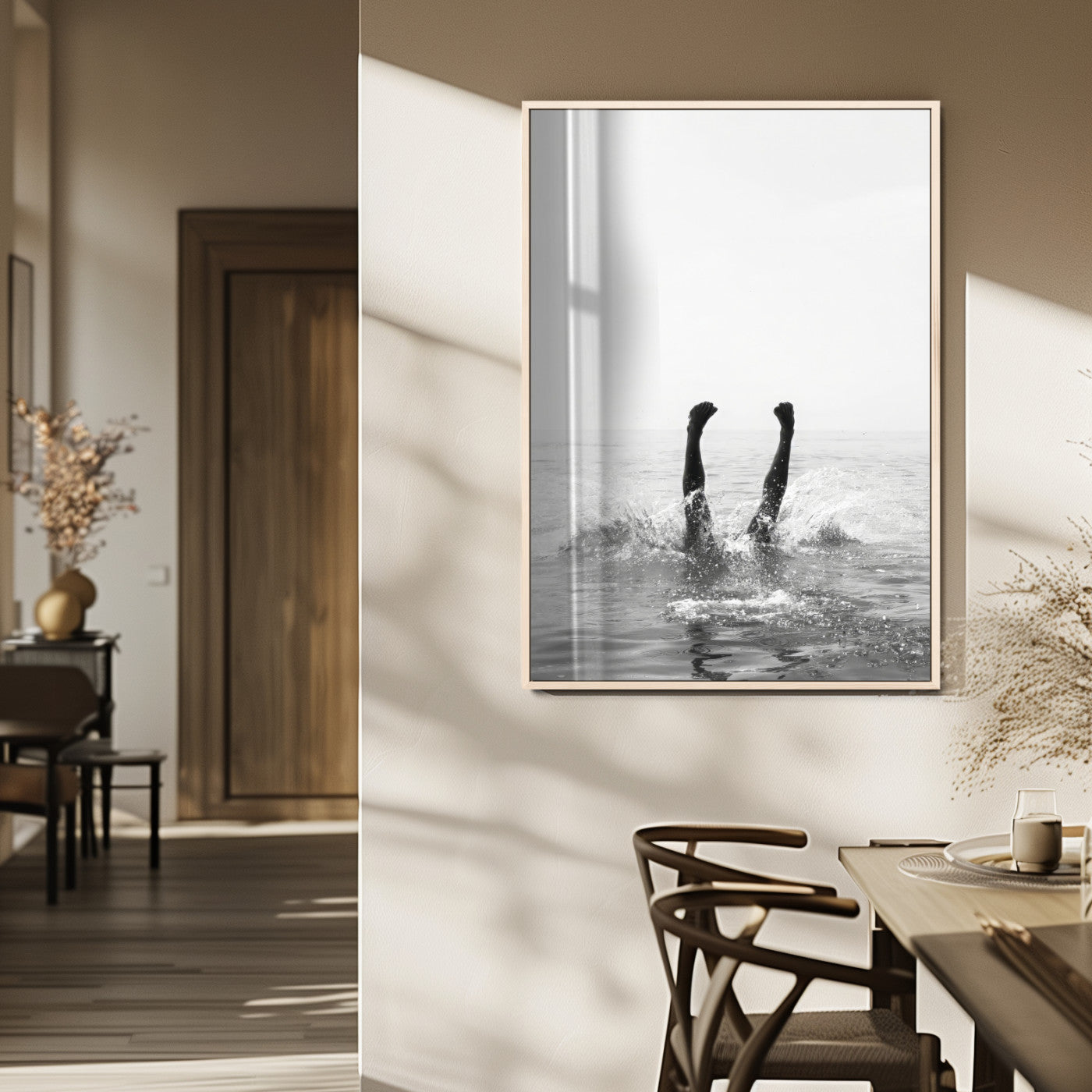 MGV-FP-48X32-3P - Minimal Ocean Wall Art Canvas Print, Framed Monochrome Diving Art Picture Print, Swimmer in Sea Perfect Minimalist Coastal Decor Artwork