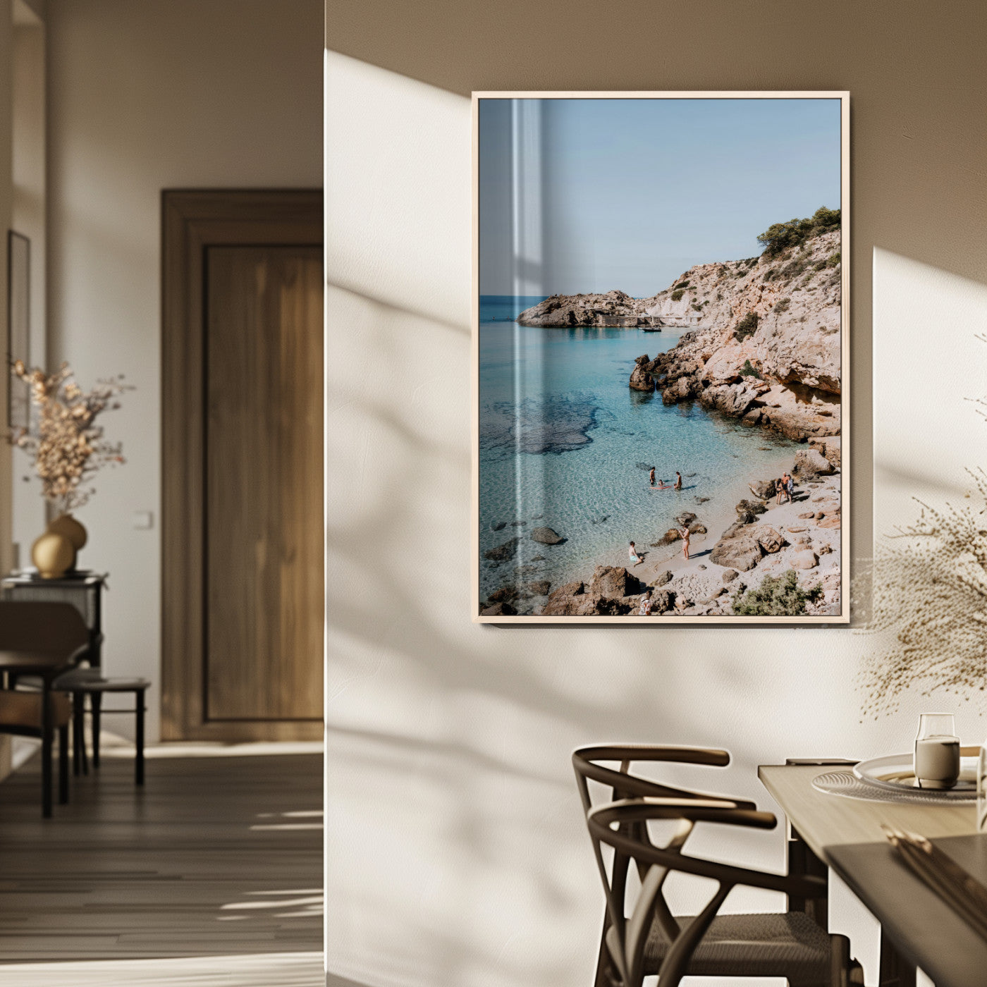 MGV-FP-48X32-3P - Turquoise Cove Wall Art Canvas Print, Framed Ibiza Beach Art Picture Print, Mediterranean Shore Perfect Boho Coastal Decor Artwork